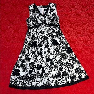 B Moss Dress Women’s 6 Black White Floral Linen Blend Sleeveless Fit Flare Lined